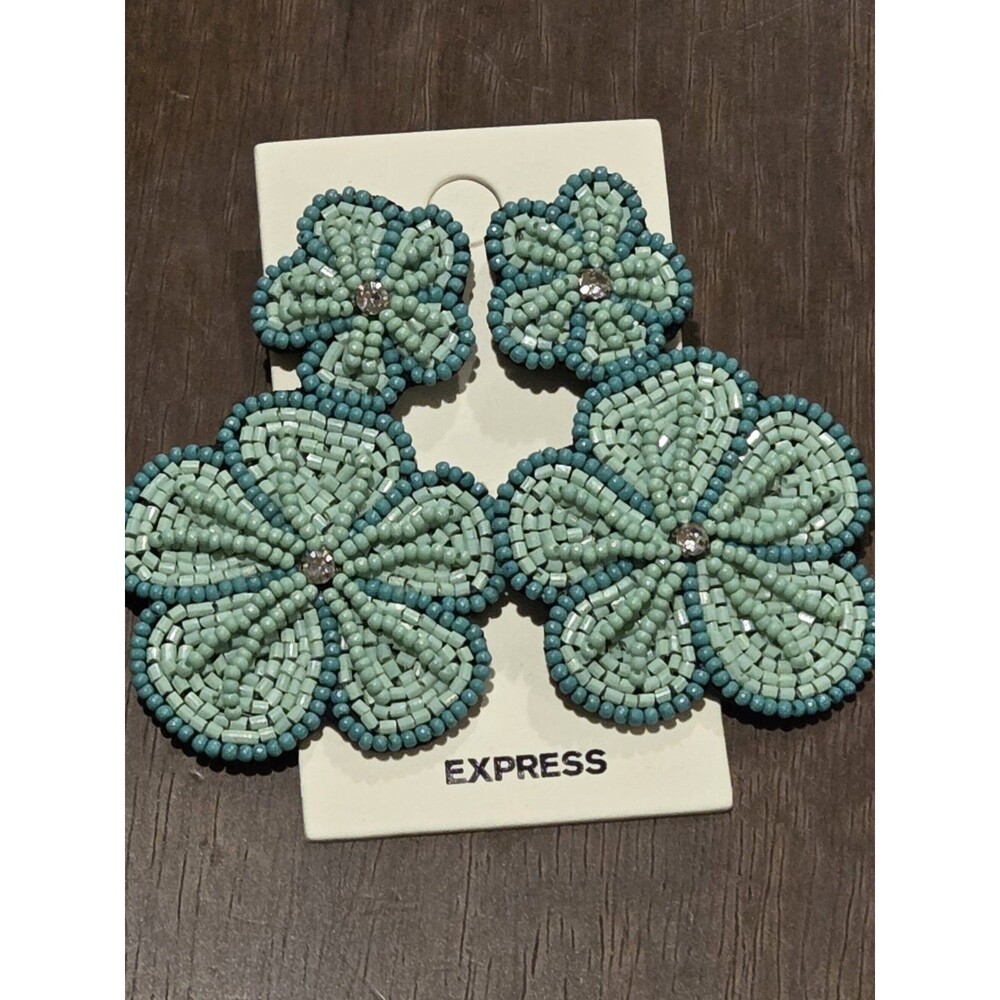 Express two-tiered turquoise beaded flower earrings w/ rhinestone Center - Picture 2 of 6